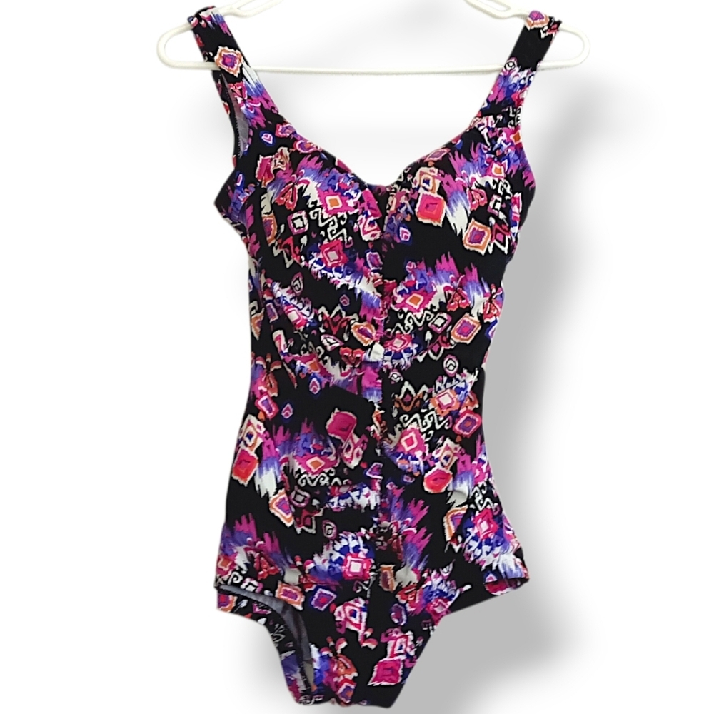 Purple Tribal Print Swimsuit Tummy Control Ruched Padded Cup Modest Medium - Picture 2 of 14